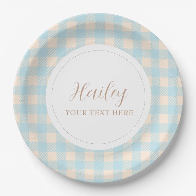 Simple elegant blue gingham plaid Party Paper Plate (Front)