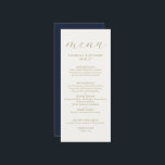 Simple Elegant Blue Gold Wedding Menu<br><div class="desc">A simple elegant dinner menu card for your wedding reception for features a classic blue and cream card with gold typography. Personalise with your names and wedding date. Would also be appropriate for an anniversary,  birthday or elegant dinner party.</div>