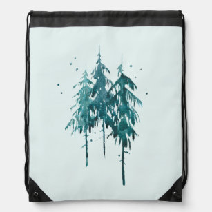 Simple Elegant Blue-Green Watercolor Pine Trees Drawstring Bag