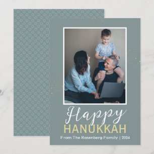 Simple Elegant Blue Happy Hanukkah One Photo Holiday Card