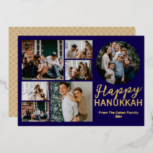 Simple Elegant Blue Happy Hanukkah photo Collage Foil Holiday Card
