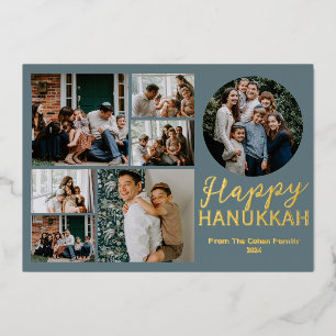 Simple Elegant Blue Happy Hanukkah photo Collage Foil Holiday Card