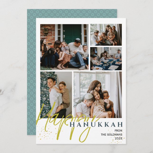 Simple Elegant Blue Happy Hanukkah photo Collage Holiday Card (Front/Back)