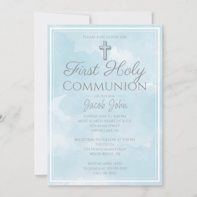 Simple Elegant Blue Marble First Holy Communion Invitation (Front)