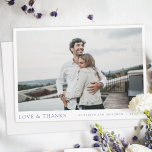 Simple Elegant Blue Script Custom Photo Wedding Thank You Card<br><div class="desc">This simple, stylish modern photo wedding thank you card template features your names and date beneath your photo along with 'LOVE & THANKS' and your date and wedding locale in an elegant medium dark shade of blue. You might choose to change the font, punctuation or colour used for various text...</div>