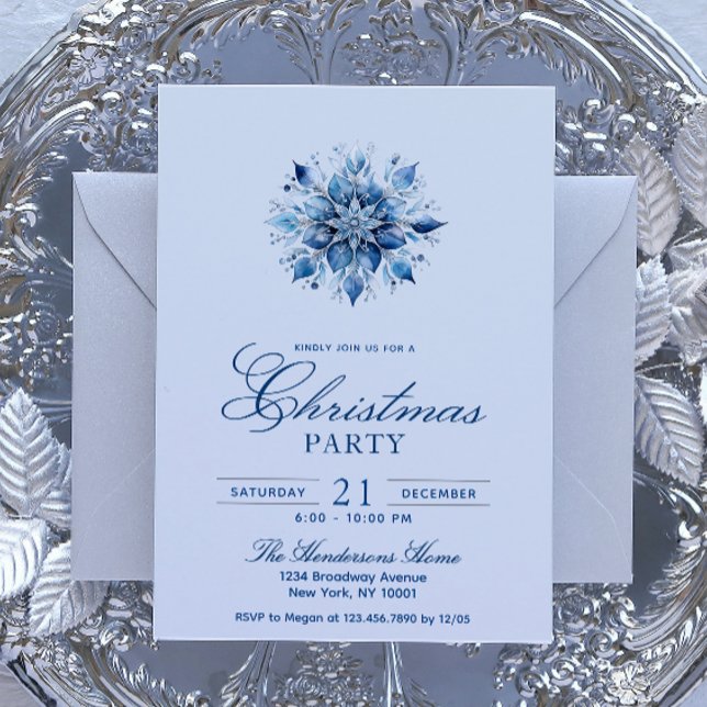 Simple & Elegant Blue Snowflake Christmas Party Invitation (Creator Uploaded)