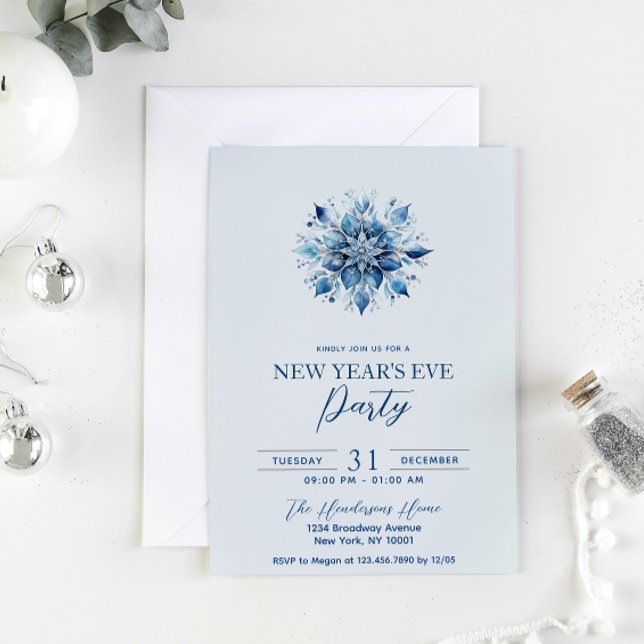 Simple & Elegant Blue Snowflake New Year's Party Invitation (Creator Uploaded)