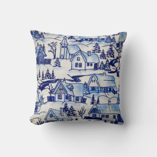 Simple Elegant Blue White Christmas Holiday Town   Cushion