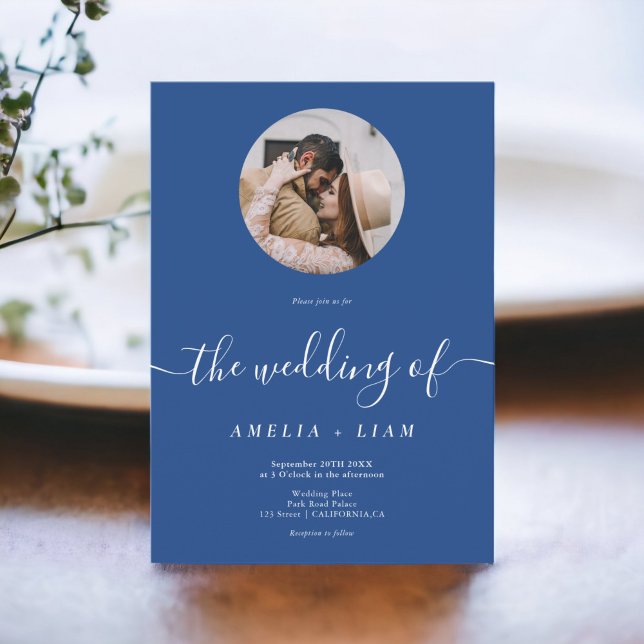 Simple elegant blue white photo script wedding invitation (Simple elegant blue white photo script wedding invitation)