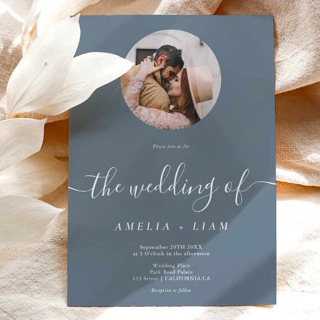 Simple elegant blue white photo script wedding invitation (Creator Uploaded)