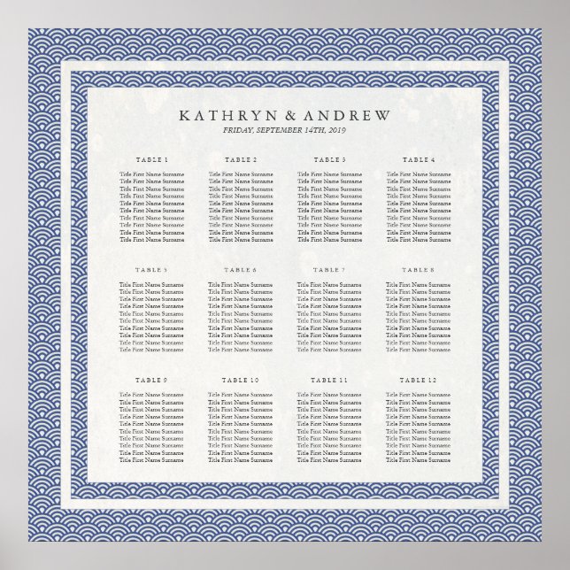 Simple Elegant Blue+White Seigaiha Seating Chart (Front)