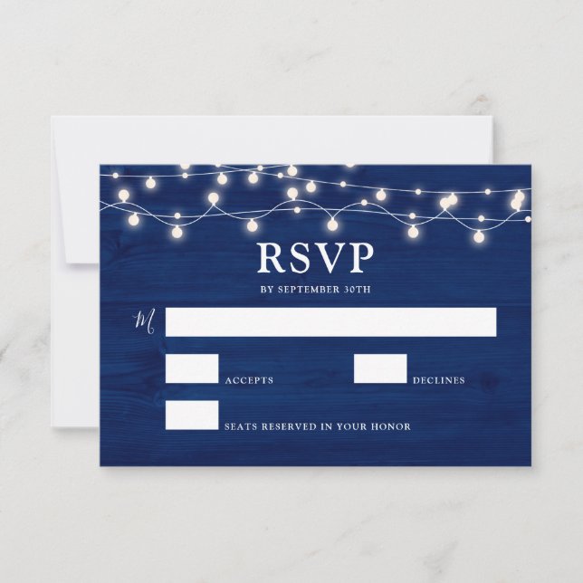 Simple Elegant Blue Wood Rustic Wedding RSVP Card (Front)