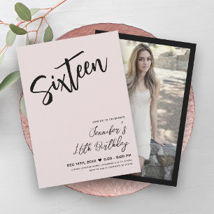 Simple Elegant Blush Pink Black Sweet 16 Script Invitation