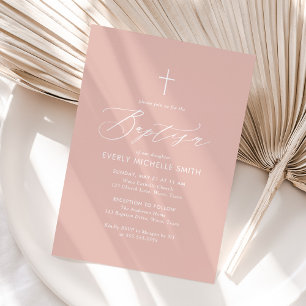 Simple Elegant Blush Pink Cross Girl Baptism Invitation
