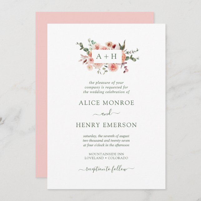 Simple Elegant Blush Pink Roses Greenery Wedding Invitation (Front/Back)
