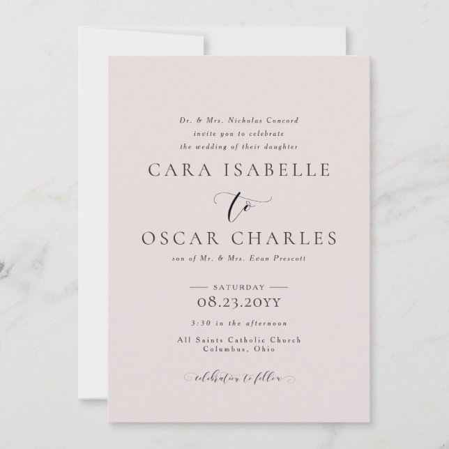 Simple elegant blush pink wedding invitation (Front)