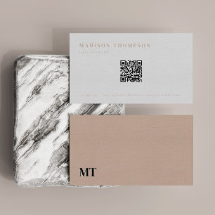 Simple Elegant Boho Beige Monogram QR Code Business Card