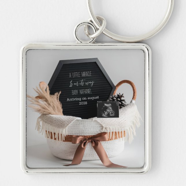 Simple elegant boho pregnancy announcement gift key ring (Front)