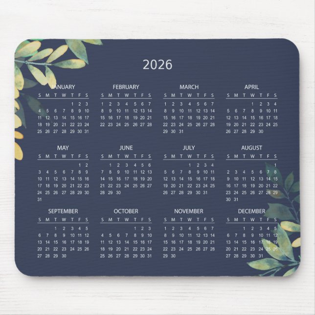 Simple Elegant Botanical 2026 Calendar | Mousepad (Front)