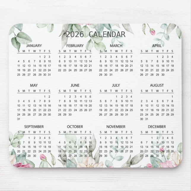 Simple Elegant Botanical 2026 Calendar | Mousepad (Front)