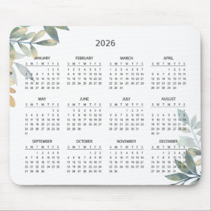 Simple Elegant Botanical 2026 Calendar Mousepad