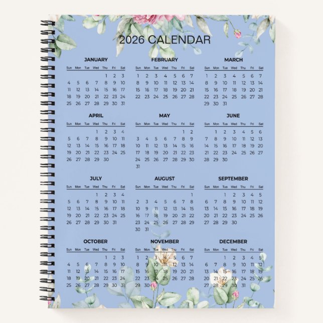 Simple Elegant Botanical 2026 Calendar |  Notebook (Front)