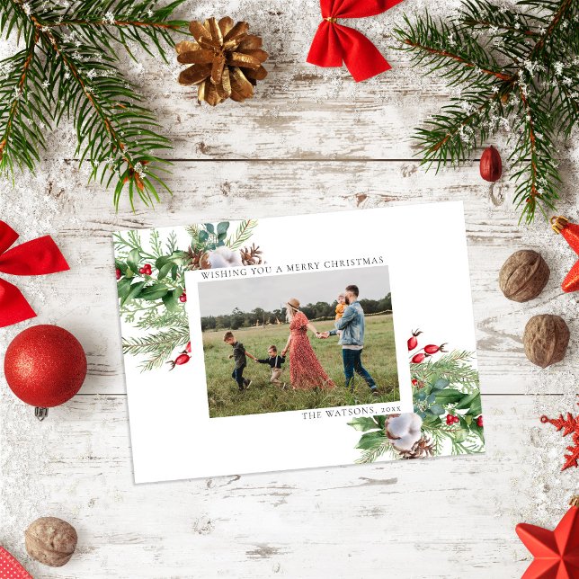 Simple Elegant Botanical Christmas Photo Holiday Card (Creator Uploaded)