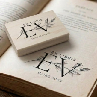 Simple Elegant Botanical Ex Libris Initials Name Rubber Stamp