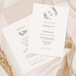 Simple Elegant Botanical Wedding Monogram Details Invitation