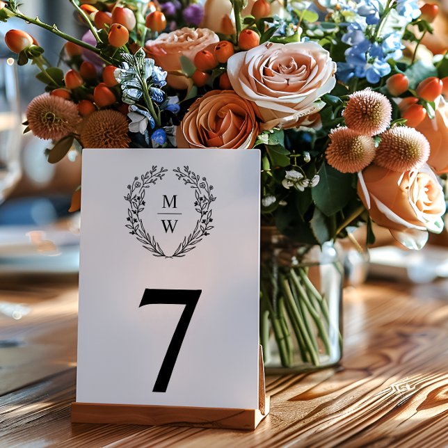 Simple Elegant Botanical Wreath Monogram Wedding Table Number (Creator Uploaded)