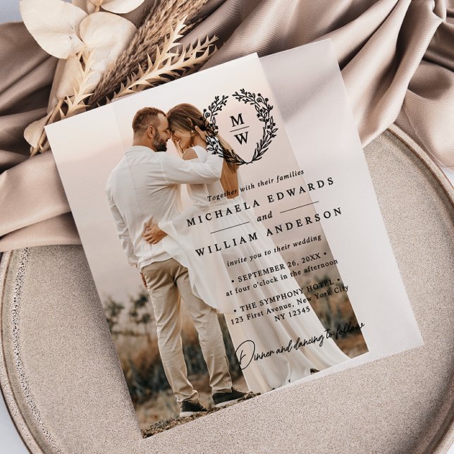 Simple Elegant Botanical Wreath Monogram Wedding Vellum Invitations (Photo card sold separately)