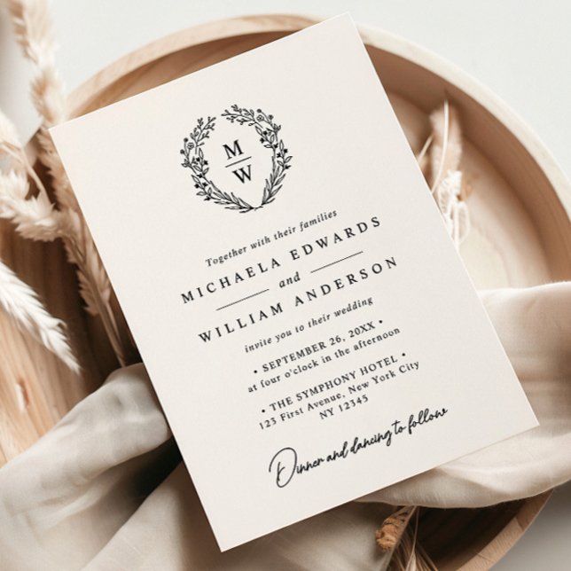 Simple Elegant Botanical Wreath Text Only Wedding Invitation (Creator Uploaded)