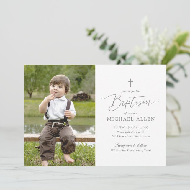 Simple Elegant Boy Baptism Photo Invitation (Standing Front)