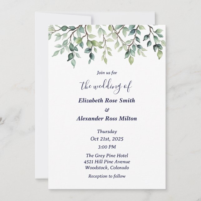 Simple elegant branches of leaves wedding invitation (Front)