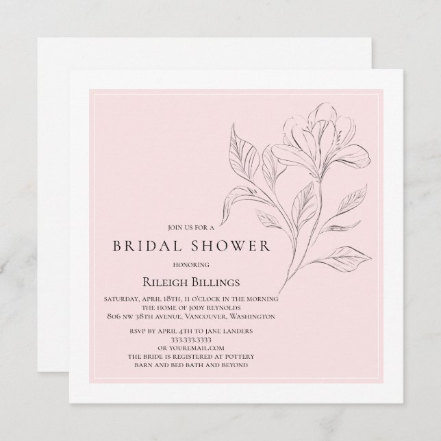 Simple Elegant Bridal Shower Pink White Floral Invitation (Front/Back)