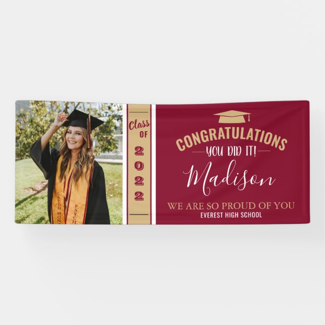 Simple Elegant Burgundy 1 Photo Graduation Banner (Horizontal)