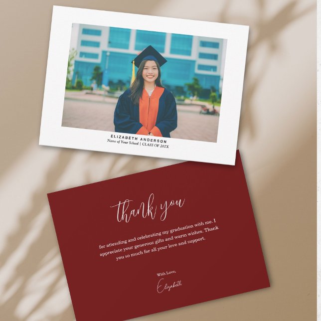 Simple Elegant Burgundy Graduate Photo Graduation Thank You Card (Creator Uploaded)
