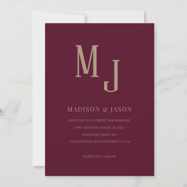 Simple Elegant Burgundy Roman Monogram Wedding Invitation (Front)