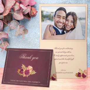 Simple Elegant Burgundy Rose Floral Photo Wedding Thank You Card