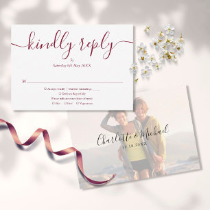 Simple Elegant Burgundy Script Photo Wedding RSVP Card