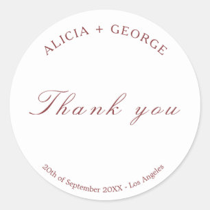 Simple elegant burgundy white Wedding Thank You Classic Round Sticker