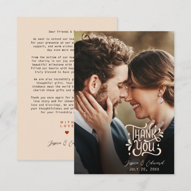 Simple Elegant Burnt Orange Modern Minimal Script Thank You Card (Front/Back)