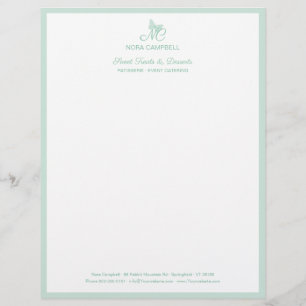 Simple Elegant Butterfly Monogram Mint Border Custom Letterhead