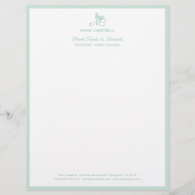 Simple Elegant Butterfly Monogram Mint Border Custom Letterhead (Front)