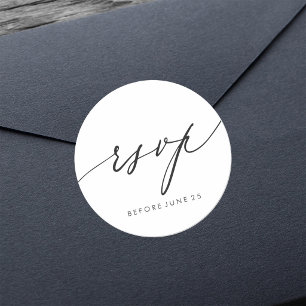 Simple Elegant Calligraphy Black White RSVP Classic Round Sticker