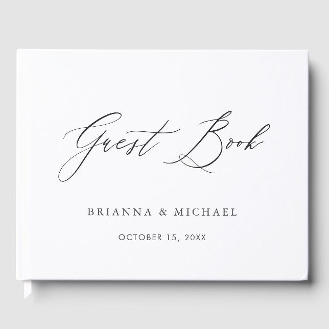 Simple Elegant Calligraphy Black & White Wedding Guest Book (Front)