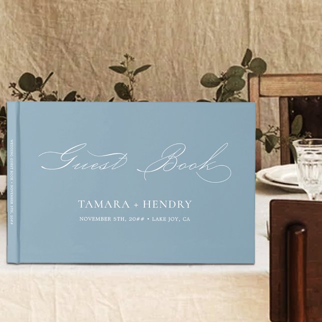 Simple Elegant Calligraphy Dusty Blue Wedding Guest Book (Creator Uploaded)