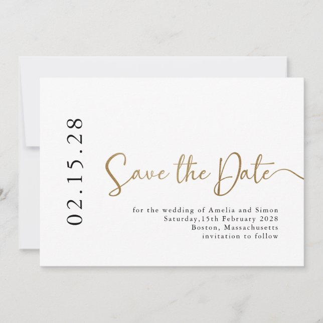Simple Elegant Calligraphy Font Black White Gold Save The Date (Front)