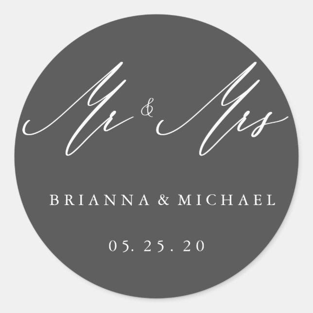 Simple Elegant Calligraphy Mr and Mrs Wedding Classic Round Sticker (Front)