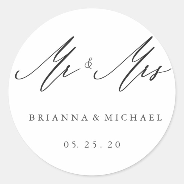 Simple Elegant Calligraphy Mr and Mrs Wedding Classic Round Sticker (Front)